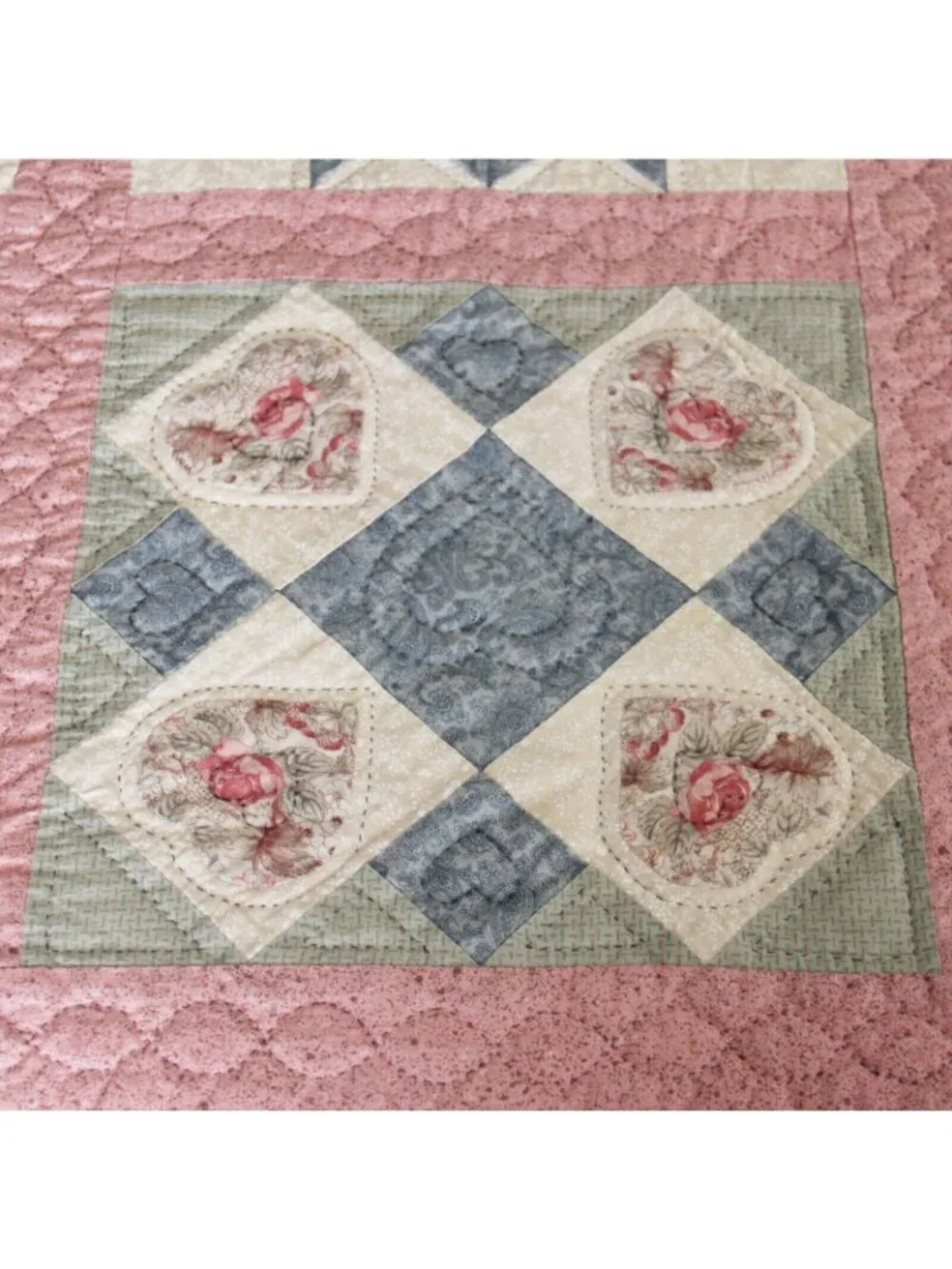 Vintage 80's/90's Completely Handmade Hand Stitched Quilt Pink Squares 87L x 60W